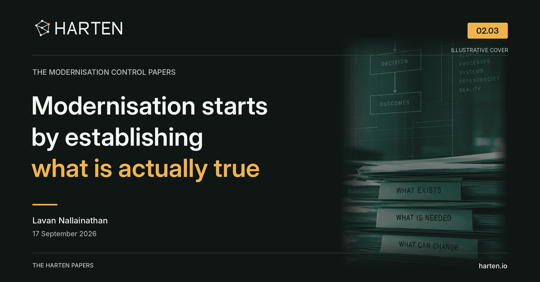 Illustrative Harten paper cover: Modernisation starts by establishing what is actually true