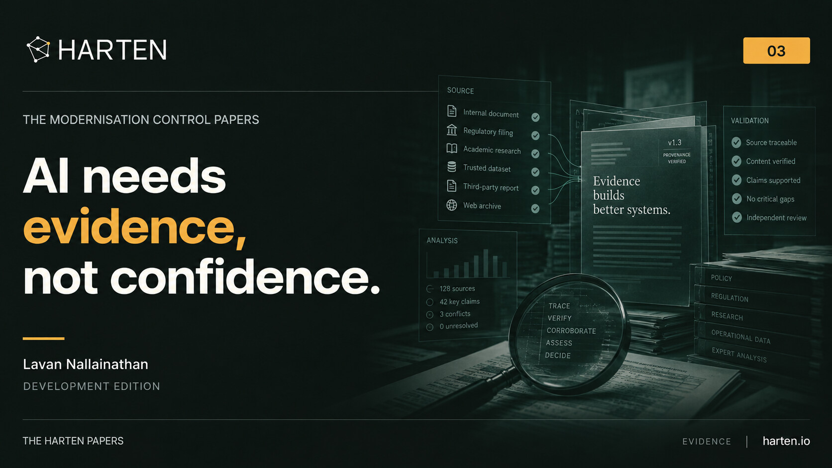 Illustrative Harten paper cover: AI needs evidence, not confidence.